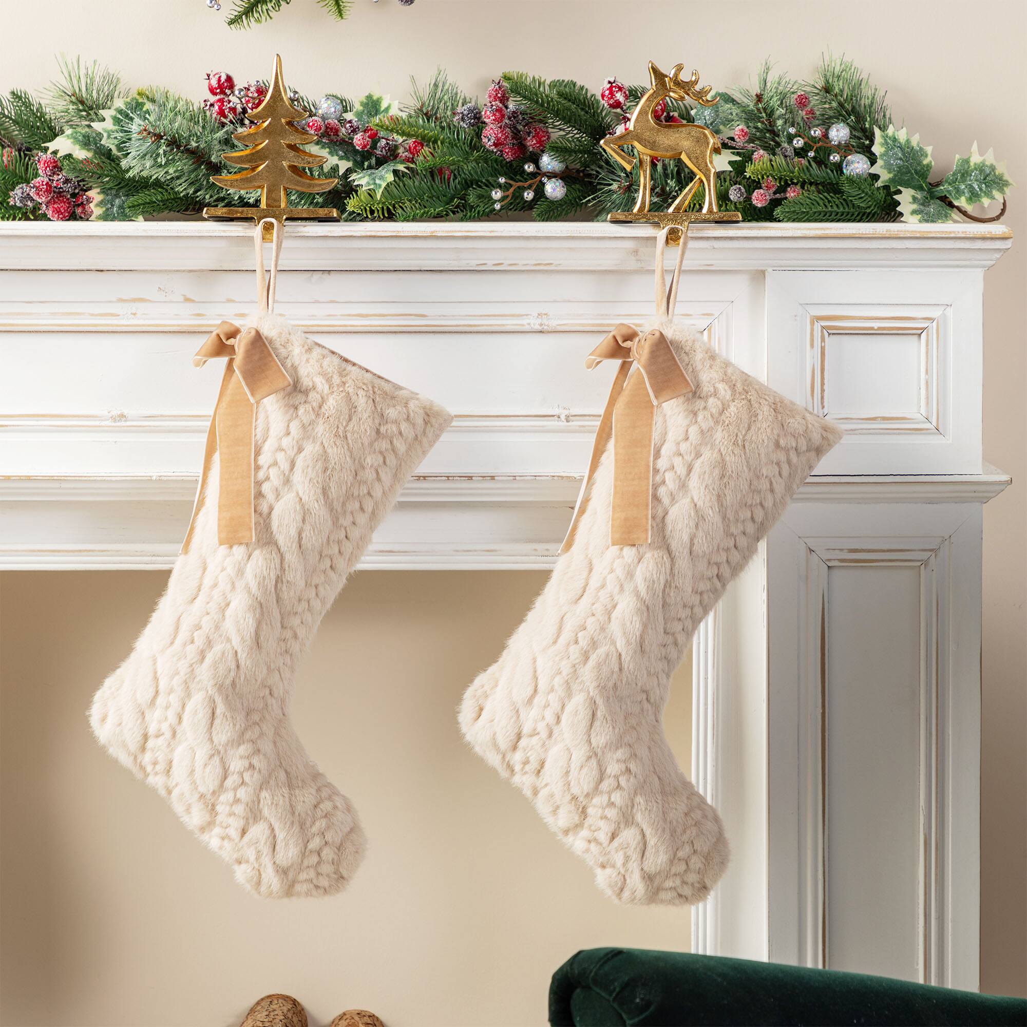 Glitzhome® 21"L Milk Coffee Twisted Faux Marten Fur Christmas Stocking with Bow